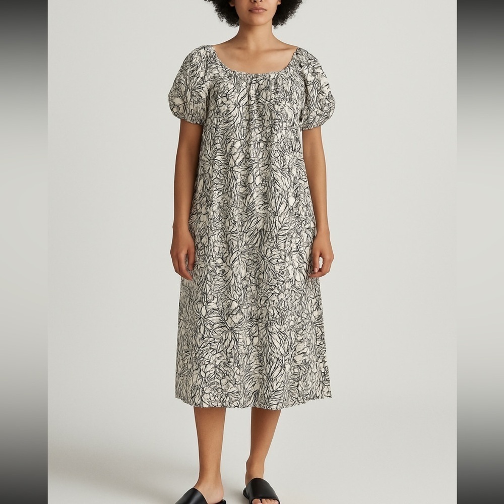 Brixton Indo Linen Swing Tiered Midi Dress Floral Sz Small Ivory